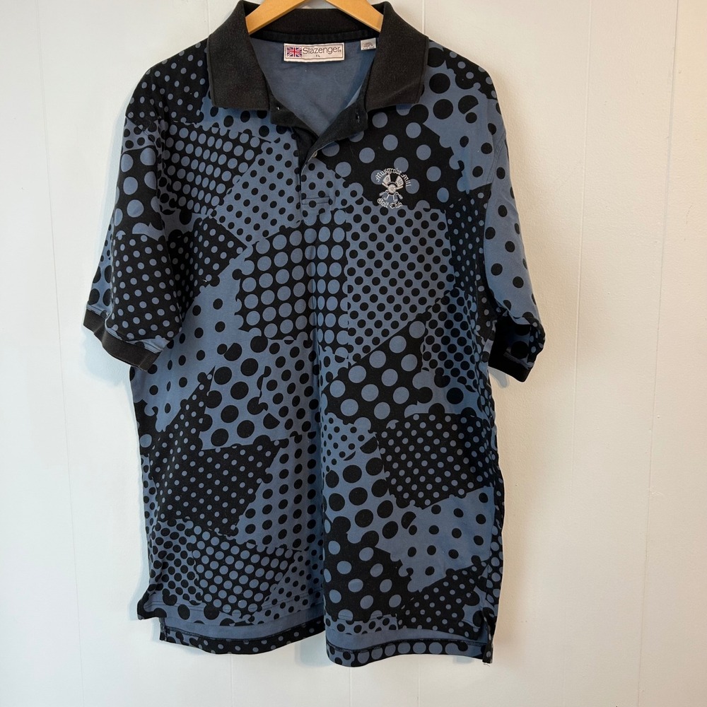 Slazenger Mens Golf Polo Shirt XL Blue Black Polka Dot Golf Club Embroidered - Picture 2 of 13
